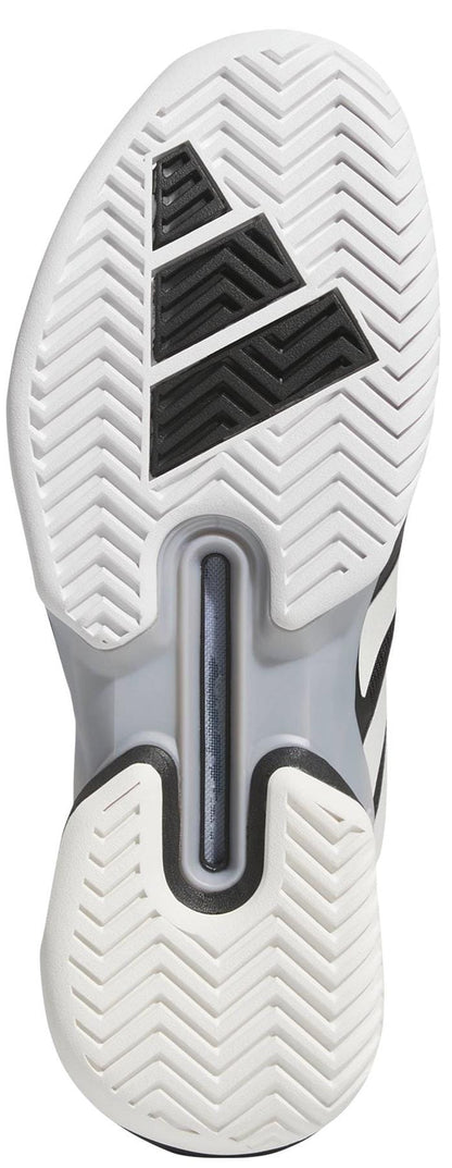 The image shows the sole of the adidas Adizero Ubersonic 5 Men's Tennis Shoe in black, featuring a white base, black and gray geometric tread patterns, zigzag grooves for traction, and midfoot support—perfect for tennis courts.