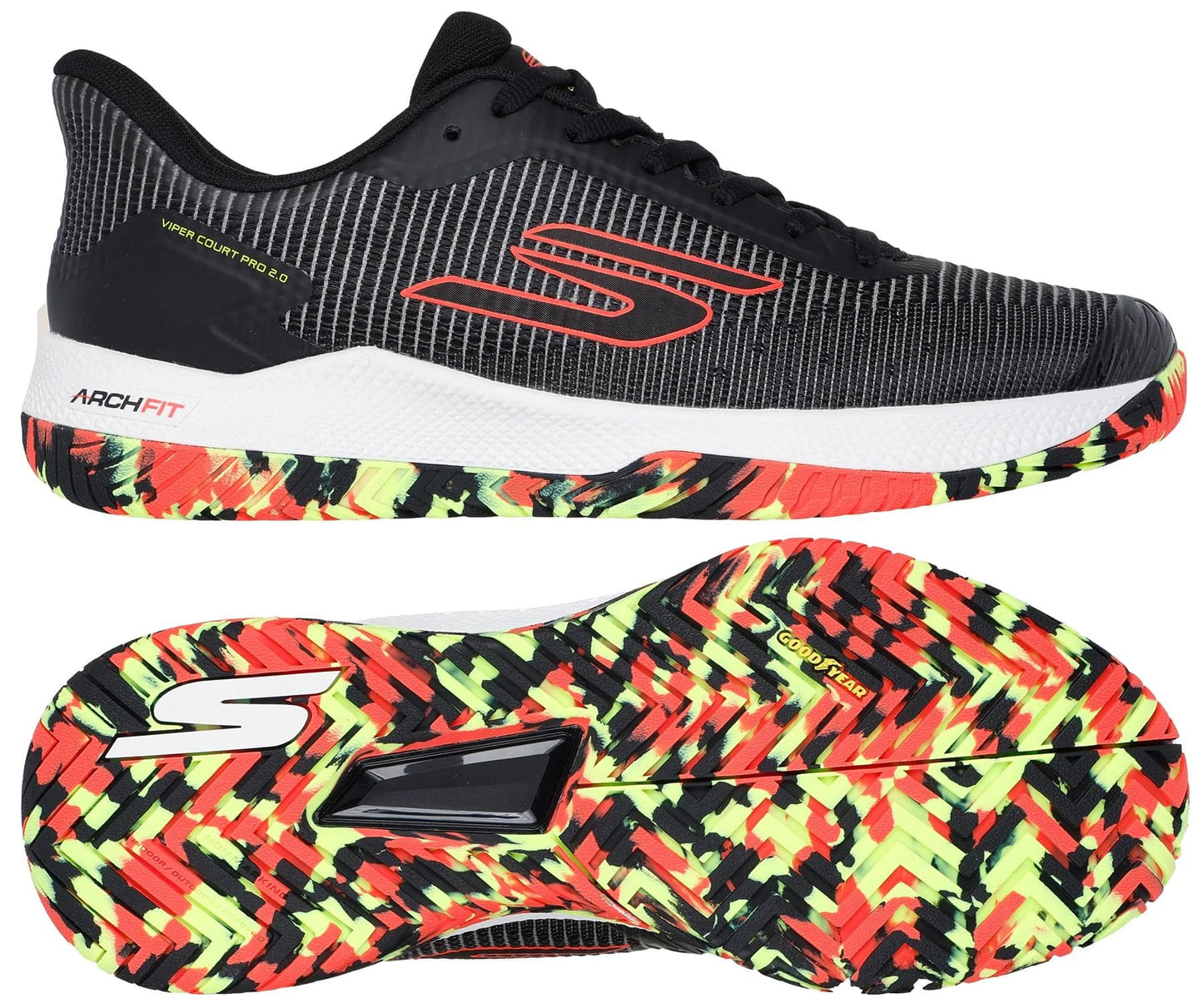 The Skechers Viper Court Pro 2.0 Tennis Shoes in Black/Multi feature Arch Fit support, a bold red, yellow, and black zigzag Goodyear Rubber Outsole, subtle white stripes, red accents, and a white sole.