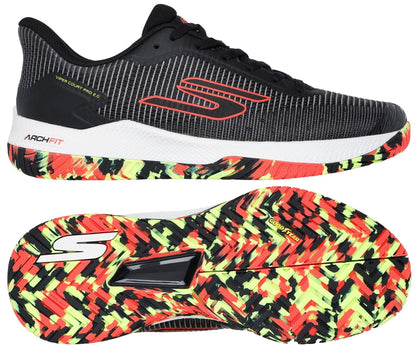 The Skechers Viper Court Pro 2.0 Tennis Shoes in Black/Multi feature Arch Fit support, a bold red, yellow, and black zigzag Goodyear Rubber Outsole, subtle white stripes, red accents, and a white sole.