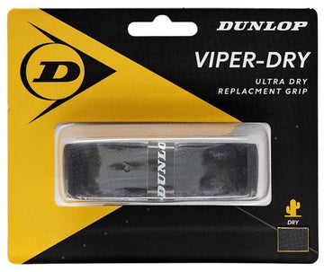 The Dunlop Viper-Dry Replacement Tennis Grip - Black features a sleek black and yellow packaging design that displays the black grip inside. It emphasizes extreme durability and exceptional perspiration absorption, with the brand logo and product name clearly visible for enhanced visibility.