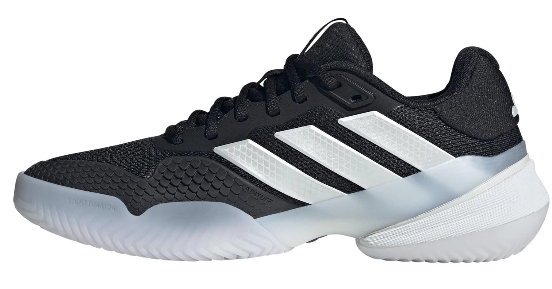 The adidas Barricade 14 Men's Tennis Shoes in black feature signature three white stripes, black laces, a textured toe, and a white sole with a translucent front section—ideal for the tennis court.