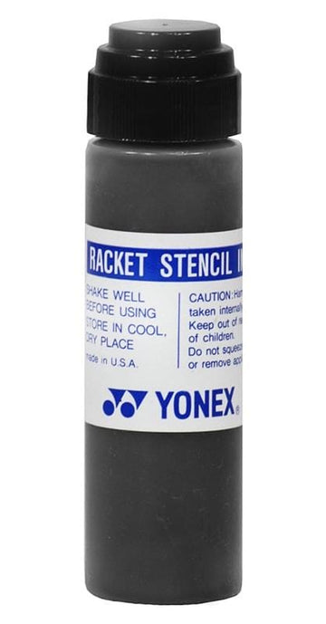 The Yonex Stencil Ink - Black, a product from Yonex, is designed for tennis rackets and comes in a bottle with a black cap and blue label. It features a sponge applicator and includes instructions such as shaking well before use and handling cautions. The Yonex logo is prominently displayed at the bottom.