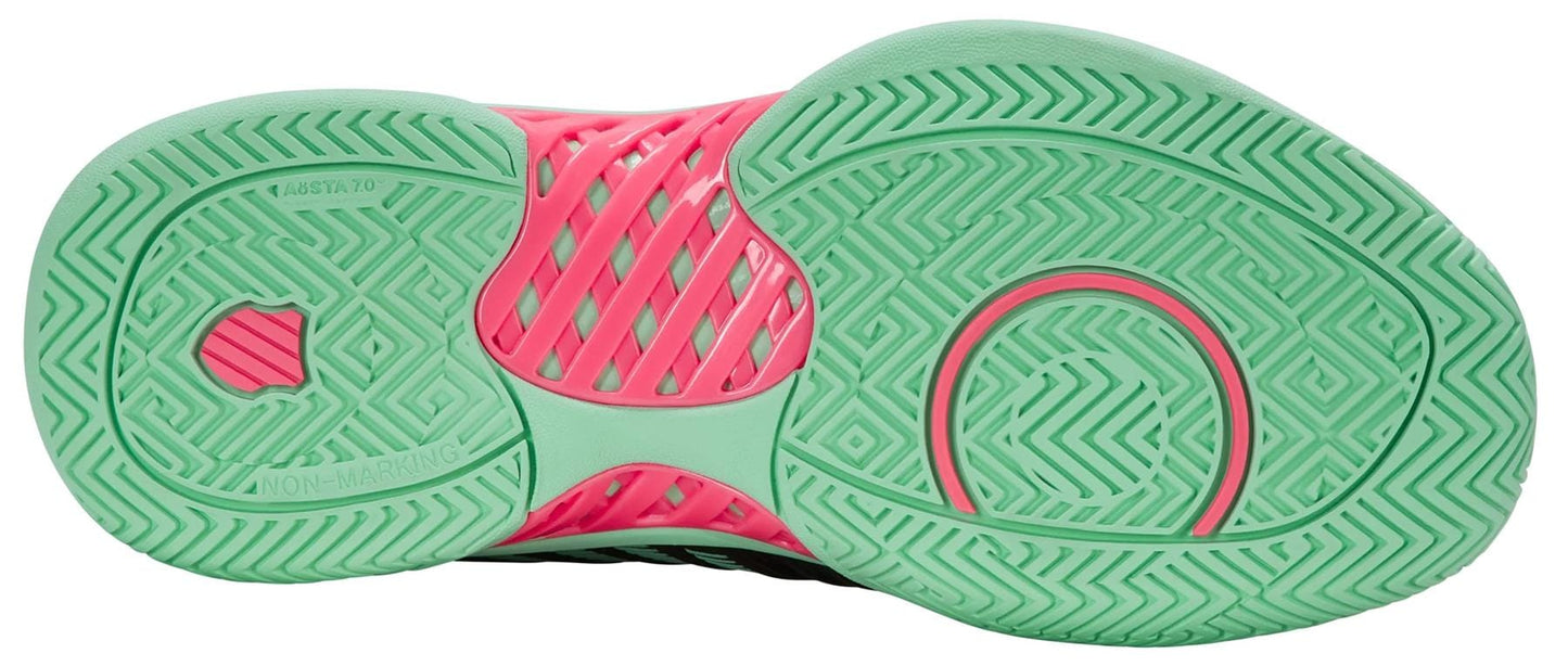 The image displays the sole of the K-Swiss Express Light 3 Women’s Tennis Shoes in Black, Neon Mint, and Pastel Pink, featuring a textured grip and "NON-MARKING" text—emphasizing the court-ready design from K-Swiss.