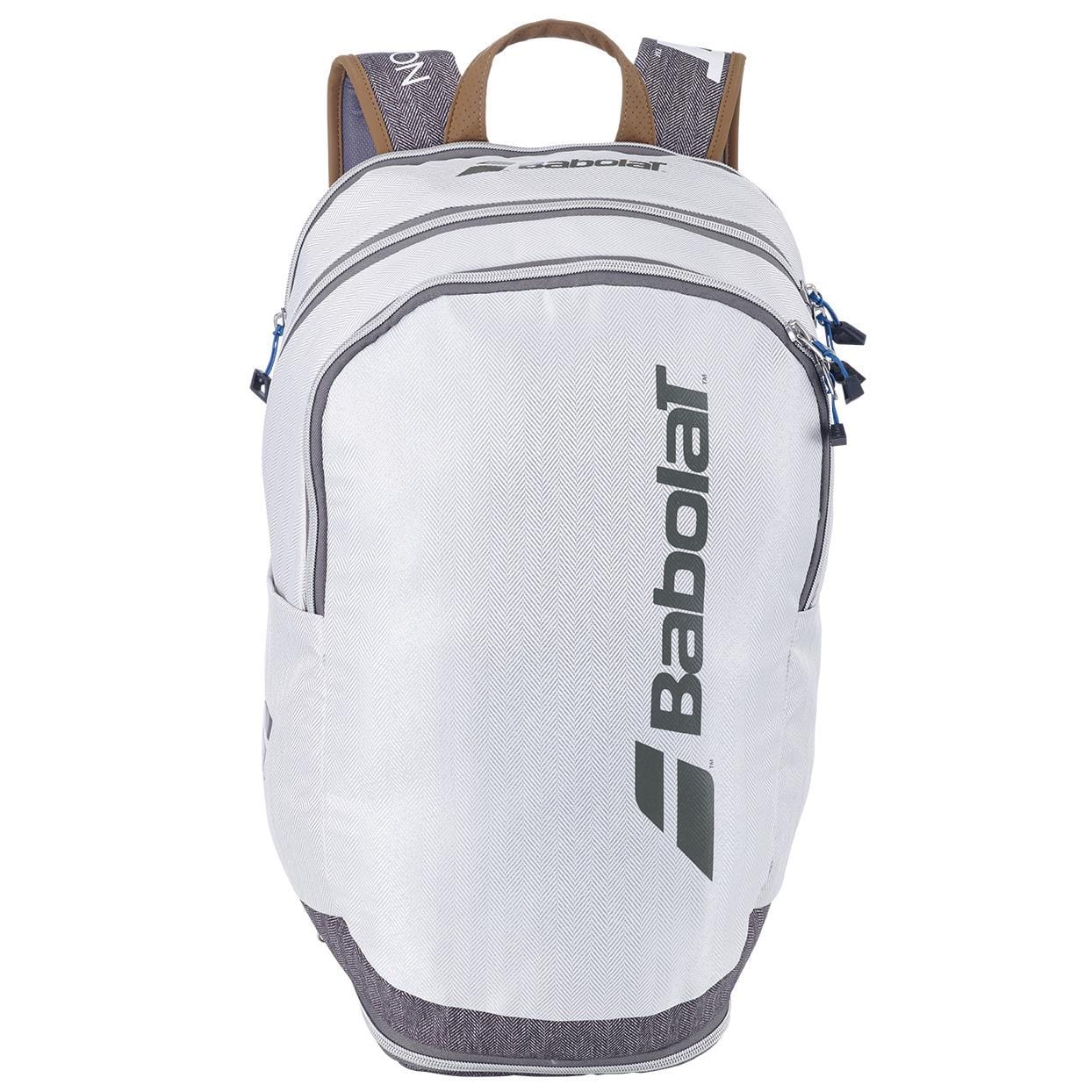The Babolat Wimbledon Court Tennis Backpack - Grey, made by Babolat, is crafted from recycled materials and includes two roomy main compartments and a vertical black logo. It is designed for comfort with adjustable padded shoulder straps and a handy top handle.