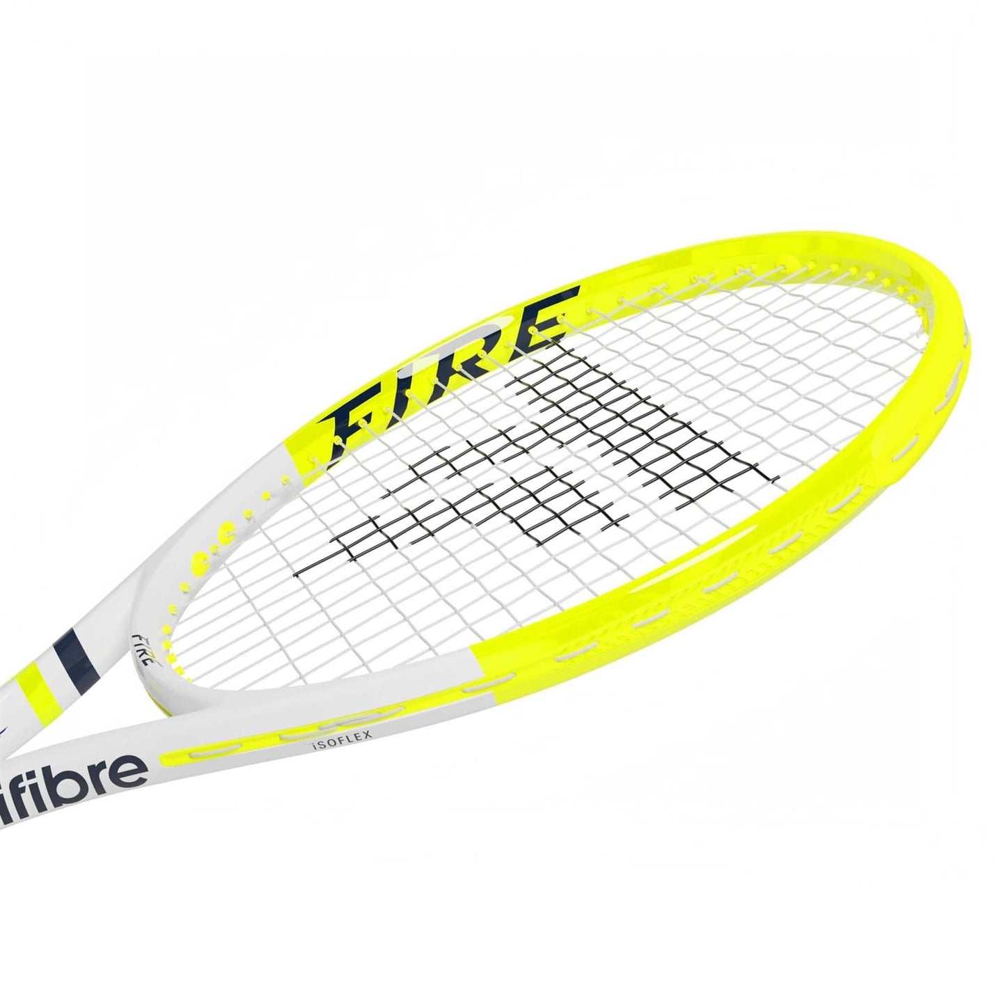 A close-up of the Tecnifibre Fire 270 Tennis Racket highlights its white and bright yellow frame, black strings, "FIRE" on the side, and "Tecnifibre" on the handle. Advanced vibration dampening technology is also featured.