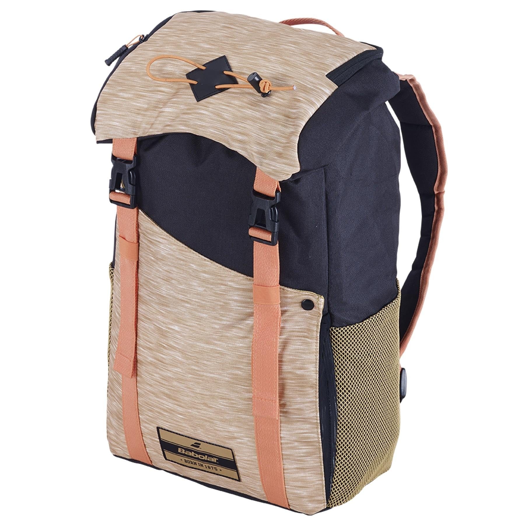 The Babolat Classic Backpack - Beige by Babolat is a chic tennis backpack with a beige and black color scheme. It features two front clips and a top flap adorned with a star-shaped logo. Crafted from recycled materials, it includes adjustable shoulder straps, two side mesh pockets, and boasts a sleek, modern design.