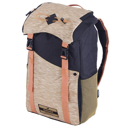 The Babolat Classic Backpack - Beige by Babolat is a chic tennis backpack with a beige and black color scheme. It features two front clips and a top flap adorned with a star-shaped logo. Crafted from recycled materials, it includes adjustable shoulder straps, two side mesh pockets, and boasts a sleek, modern design.