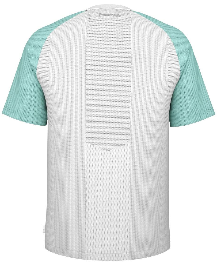 The back of the HEAD Performance Men's Tennis T-Shirt - XPAQ showcases light turquoise sleeves with a white body. It features a textured center stripe that uses body-mapping technology to enhance movement and comfort.