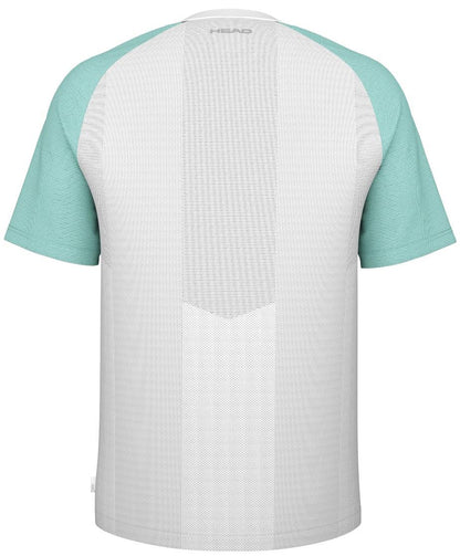 The back of the HEAD Performance Men's Tennis T-Shirt - XPAQ showcases light turquoise sleeves with a white body. It features a textured center stripe that uses body-mapping technology to enhance movement and comfort.