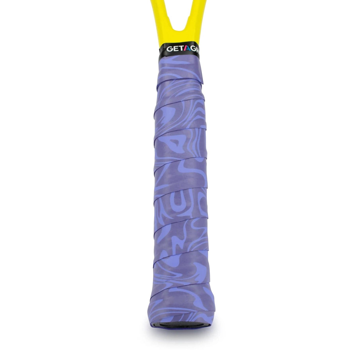 A tennis racket handle adorned with the Get A Grip Purple Haze Tennis Overgrip, showcasing a purple, textured grip featuring abstract swirling patterns. The top of the grip is accented by a black band with white text. This non-slip overgrip perfectly complements the racket's vibrant yellow frame, with the image emphasizing the handle.