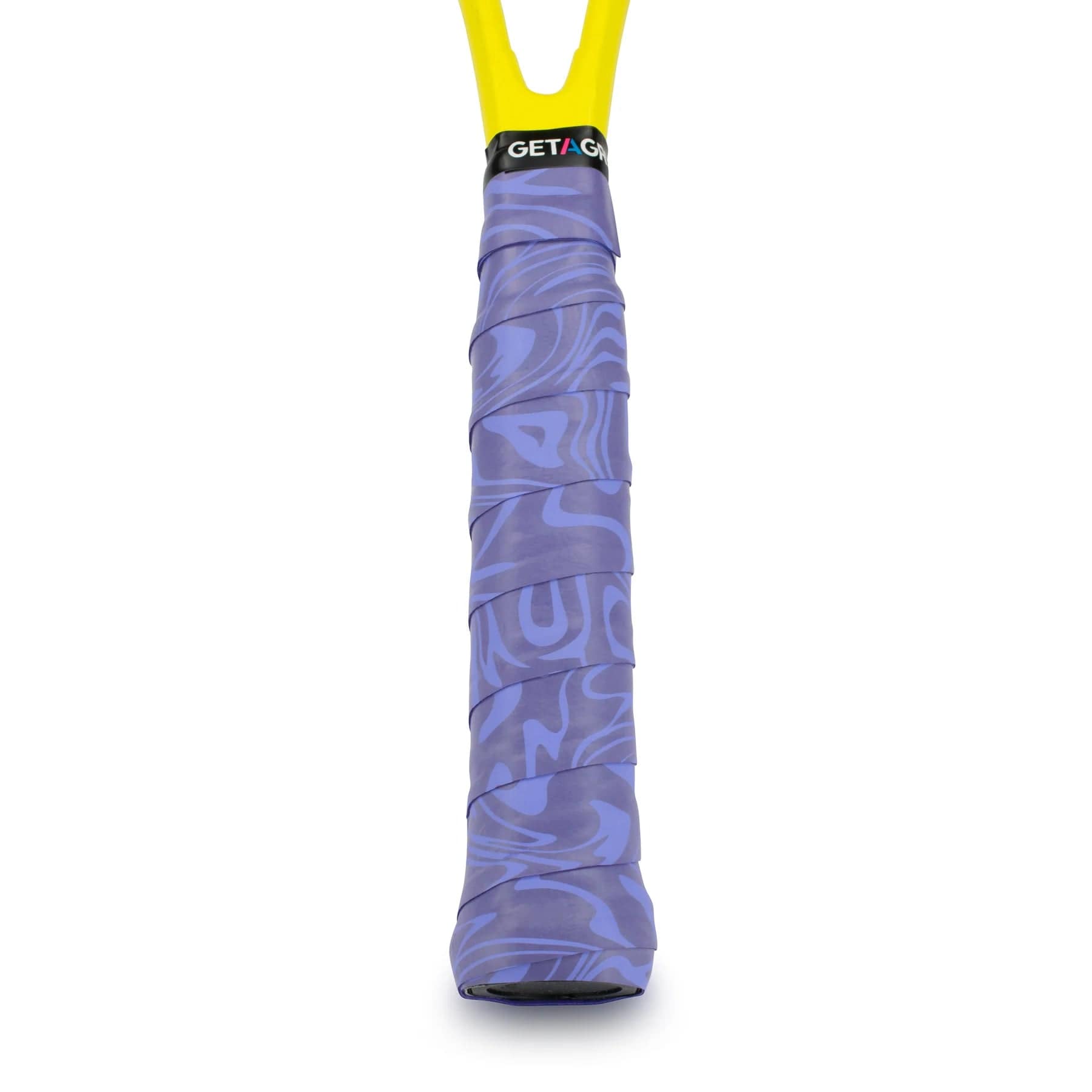 A tennis racket handle adorned with the Get A Grip Purple Haze Tennis Overgrip, showcasing a purple, textured grip featuring abstract swirling patterns. The top of the grip is accented by a black band with white text. This non-slip overgrip perfectly complements the racket's vibrant yellow frame, with the image emphasizing the handle.
