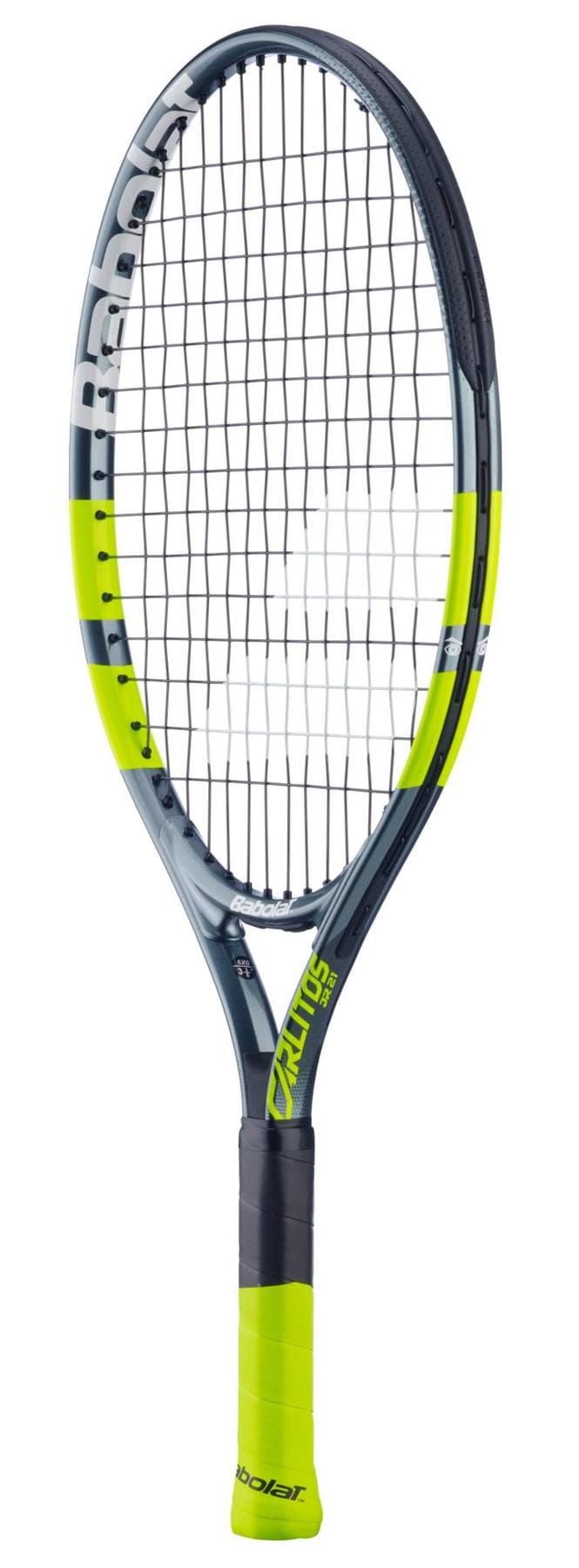 The Babolat Carlitos Junior 21 Tennis Racket features a black and neon yellow frame with white strings, the "Aero" model name on the frame, and a bright yellow grip—making it an ideal kids’ racket.