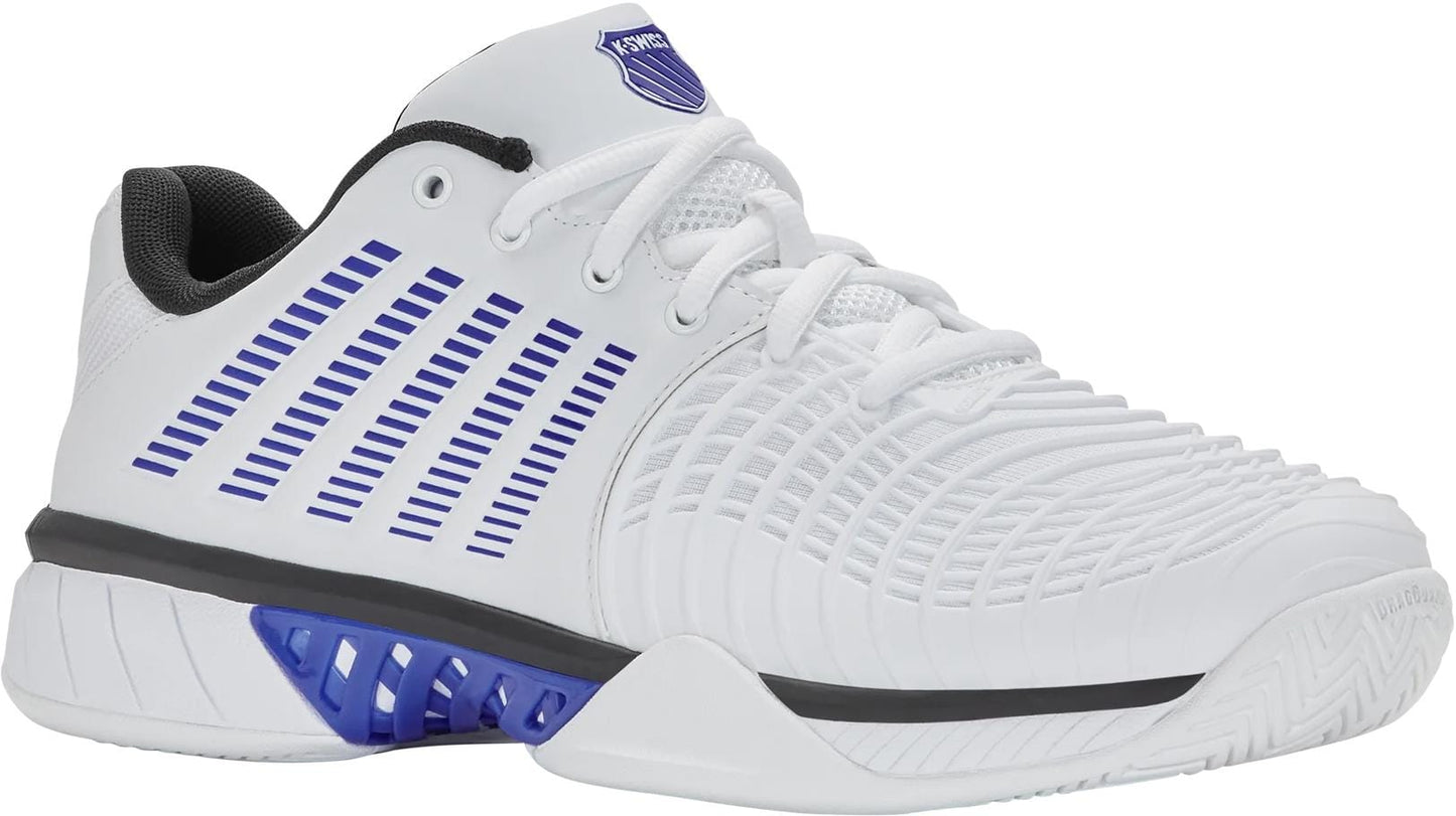 The K-Swiss Express Light 3 Mens Tennis Shoes in White/Dazzling Blue/Black offer lightweight performance with a textured side design, black lining, blue logo on the tongue, and blue/black accents—perfect for men's tennis.