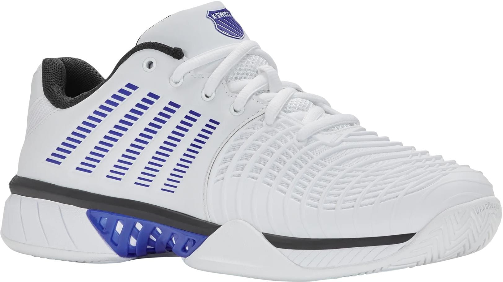 The K-Swiss Express Light 3 Mens Tennis Shoes in White/Dazzling Blue/Black offer lightweight performance with a textured side design, black lining, blue logo on the tongue, and blue/black accents—perfect for men's tennis.