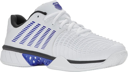 The K-Swiss Express Light 3 Mens Tennis Shoes in White/Dazzling Blue/Black offer lightweight performance with a textured side design, black lining, blue logo on the tongue, and blue/black accents—perfect for men's tennis.