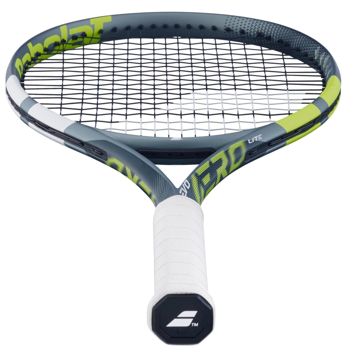 The Babolat Evo Aero Lite 2026 Tennis Racket features a black and green frame with a white grip, ergonomic design, and highlighted strings—offering lightweight comfort and control for players.