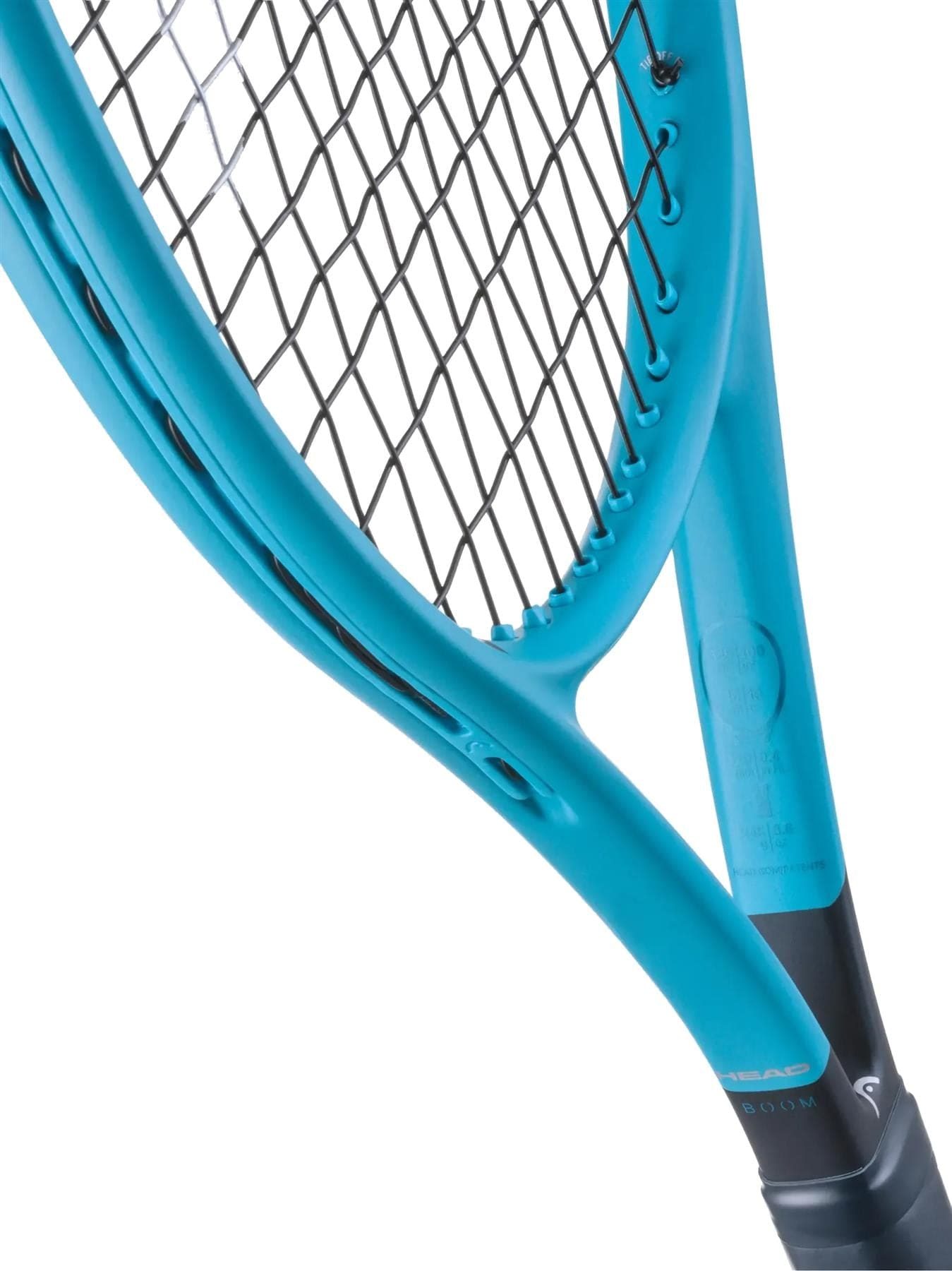 Close-up of the HEAD Boom Jr 2026 Junior Tennis Racket by HEAD, focusing on its blue frame, strings, and handle featuring Hy-Bor technology, all set against a white background.