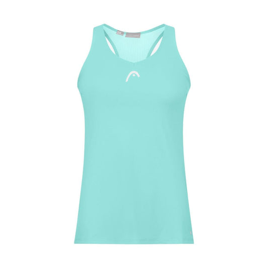 Introducing the HEAD Women's Spirit Tennis Tank Top in turquoise. This sleeveless tank features a round neckline and is made from moisture-transfer microfiber to enhance breathability. It includes a small white HEAD logo on the chest, and the racerback design provides comfort and ease of movement.