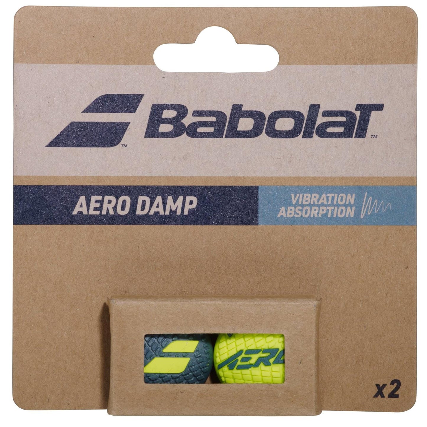 Brown cardboard packaging for the Babolat Aero Damp X2 2026 Tennis Dampener by Babolat, with two visible dampeners—one blue, one yellow—and text "Aero Damp" and "Vibration Absorption" for Pure Aero tennis racket users.