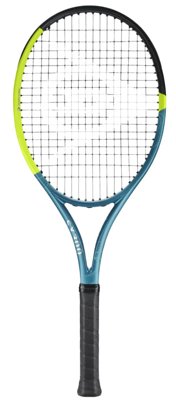 The Dunlop SX 300 2025 Tennis Racket by Dunlop features a black and yellow frame with teal blue sides, a black grip handle, spin-boost string tech, and an oval head shape. The racket looks clean and in good condition.