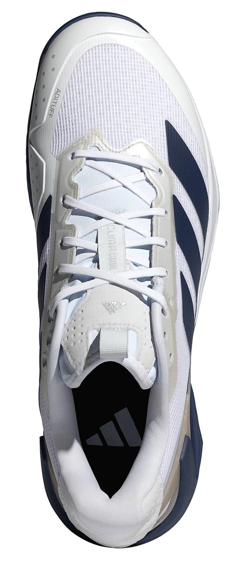 Top view of the adidas Adizero Ubersonic 5 Men's Tennis Shoes in white/navy, showing mesh upper, cushioned collar, white laces, and iconic three diagonal stripes.