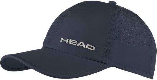 The HEAD Pro Player Tennis Cap - Navy features "HEAD" in silver on the front, small side ventilation holes, and a lightweight design—making it a stylish choice for matches.