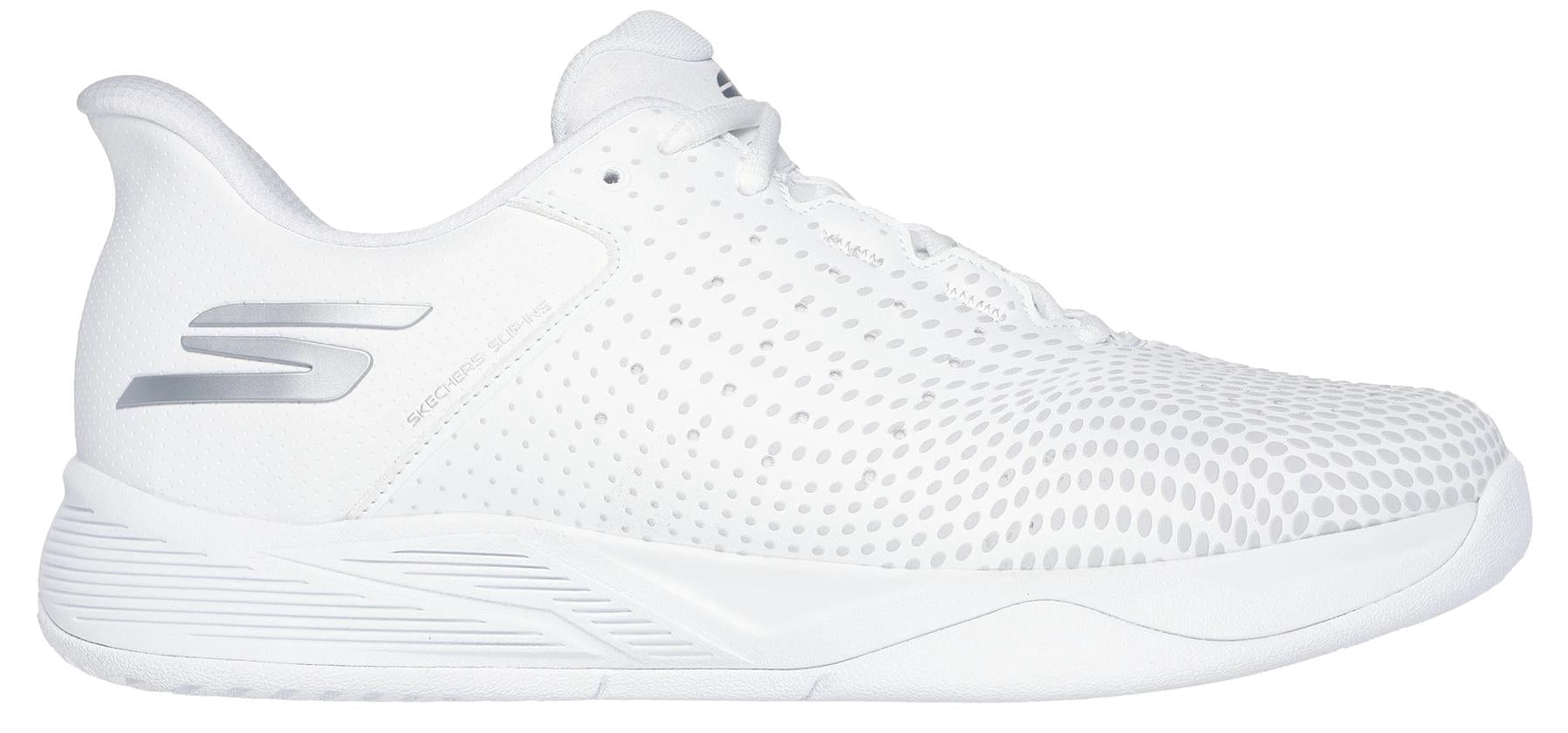 The Skechers Viper Court Reload Slip Ins Relaxed Fit Tennis Shoes in white feature a subtle dotted pattern, silver accents, the Skechers logo, and Arch Fit support. Displayed from a side profile on a plain white background.