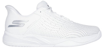The Skechers Viper Court Reload Slip Ins Relaxed Fit Tennis Shoes in white feature a subtle dotted pattern, silver accents, the Skechers logo, and Arch Fit support. Displayed from a side profile on a plain white background.