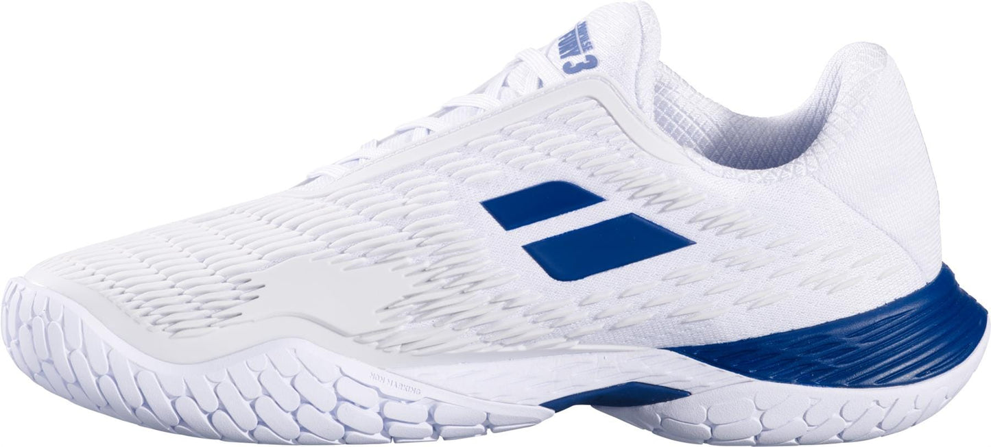 The Babolat Propulse Fury 3 All Court Men's Tennis Shoes feature a white mesh-like upper for breathability, a textured sole, a blue heel accent, and the blue geometric Babolat logo—ideal for all court sports or active use.