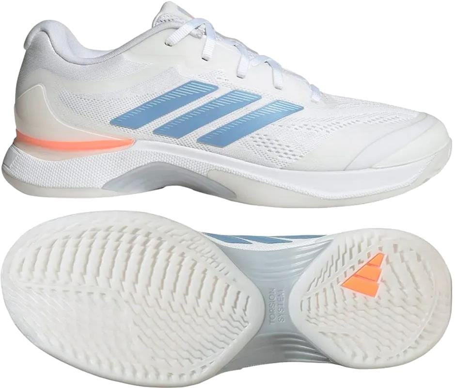 The adidas Avacourt 3 Women’s Tennis Shoes in Core White/Halo Blue/Beam Orange feature mesh panels for breathability and a textured grip, shown from side and sole views—ideal for tennis courts.