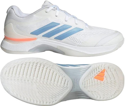 The adidas Avacourt 3 Women’s Tennis Shoes in Core White/Halo Blue/Beam Orange feature mesh panels for breathability and a textured grip, shown from side and sole views—ideal for tennis courts.