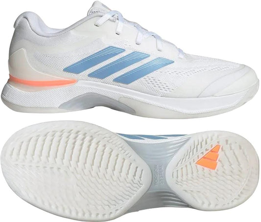 The adidas Avacourt 3 Women’s Tennis Shoes in Core White/Halo Blue/Beam Orange feature mesh panels for breathability and a textured grip, shown from side and sole views—ideal for tennis courts.