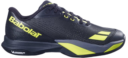 The Babolat Jet Mach 4 All Court Men's Tennis Shoes in Black/Aero feature a low profile, the Babolat logo on the side, and a Michelin-branded sole for excellent agility on the court.