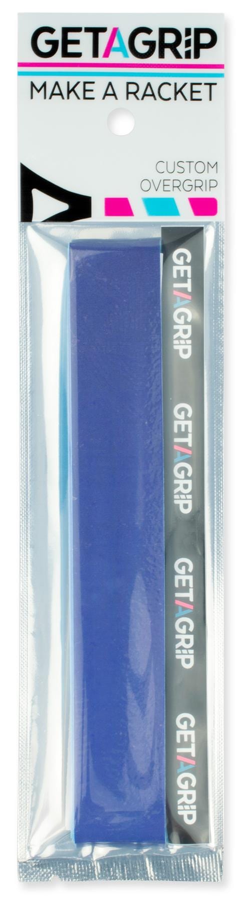 The Get a Grip Tennis Overgrip - Wavy by Get A Grip comes with a blue overgrip and branded finishing tape in clear packaging featuring the "MAKE A RACKET" slogan—an ideal gift for tennis players of all levels.
