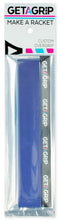 The Get a Grip Tennis Overgrip - Wavy by Get A Grip comes with a blue overgrip and branded finishing tape in clear packaging featuring the "MAKE A RACKET" slogan—an ideal gift for tennis players of all levels.