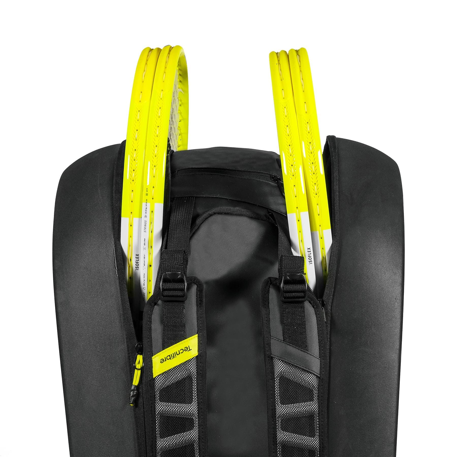 The Tecnifibre Reform L Tennis Racket Bag by Tecnifibre is a spacious black bag with padded shoulder straps, holding four tennis racquets securely with their handles inside and the heads visible at the top.