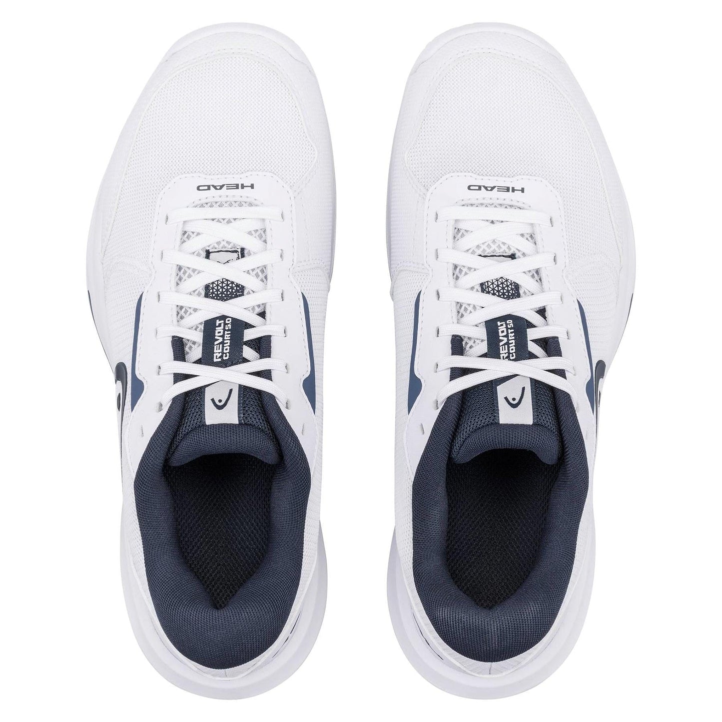 A pair of HEAD Revolt Court 5.0 men's tennis shoes in white and blueberry with dark blue interiors, black accents, and laces are shown from a top-down view. "HEAD" branding is visible on the tongue of each shoe.