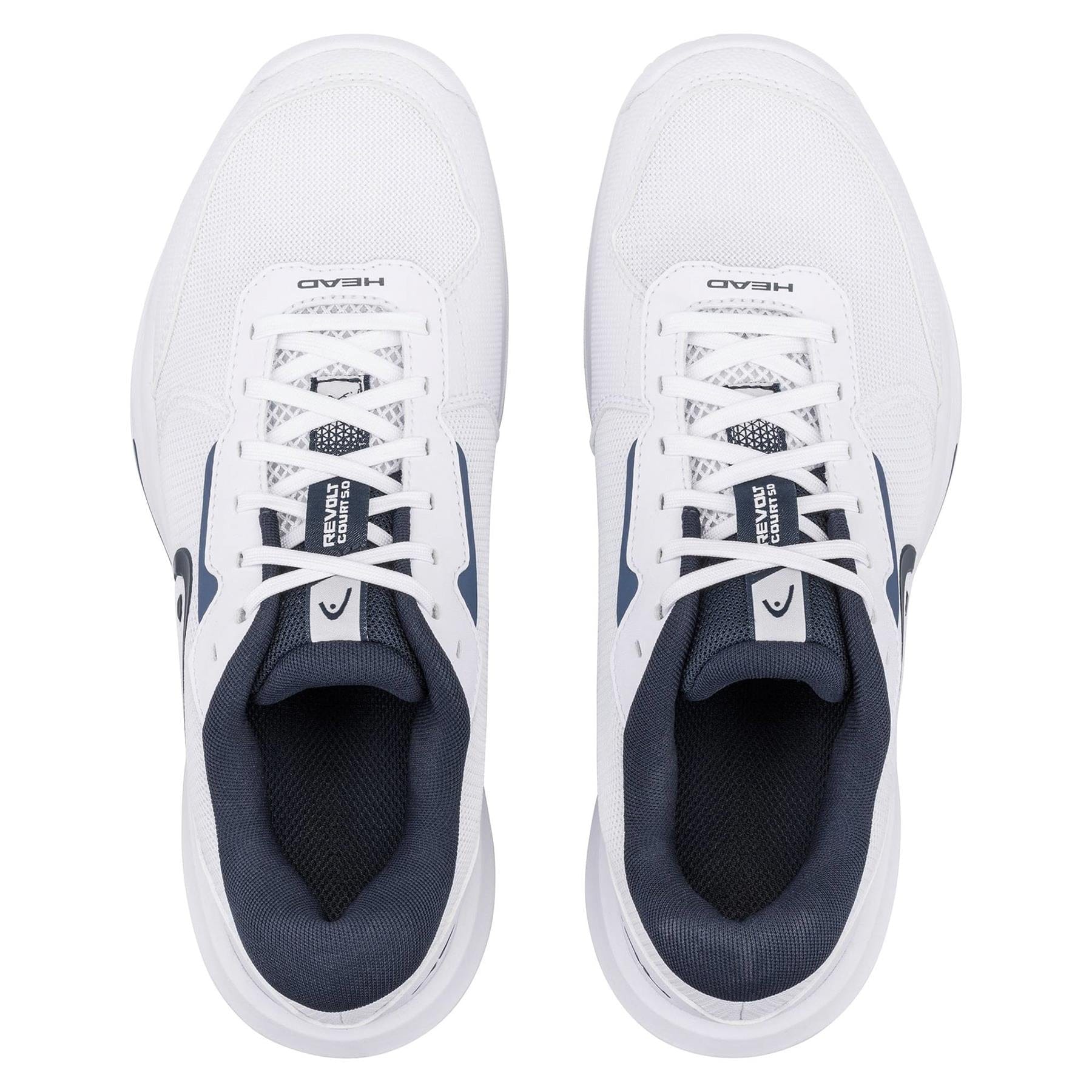 A pair of HEAD Revolt Court 5.0 men's tennis shoes in white and blueberry with dark blue interiors, black accents, and laces are shown from a top-down view. "HEAD" branding is visible on the tongue of each shoe.