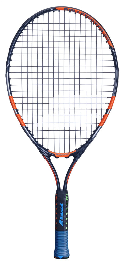 Introducing the Babolat Ballfighter 23 Junior Tennis Racket: a perfect choice for young tennis beginners. It features an eye-catching black, orange, and grey frame with a comfortable grip to support budding players on the court. The brand logo is prominently displayed on both the throat and handle, enhancing its stylish and sporty design ideal for aspiring young athletes!