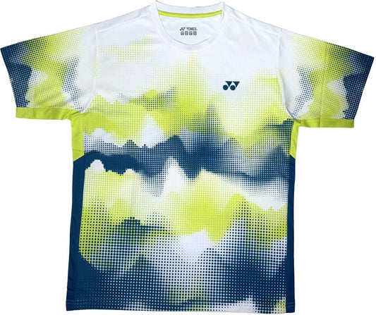 The Yonex YTM2025A Mens Tennis T-Shirt in white features short sleeves, a pixelated yellow, white, and navy blue abstract pattern, moisture-wicking fabric, and a small Yonex logo on the chest.