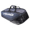 Introducing the HEAD Djokovic Monstercombi 12R Tennis Racket Bag in Anthracite and Black, perfect for tennis enthusiasts. This spacious and stylish bag features "HEAD" printed prominently in white on the side. It includes black handles and a zippered opening, along with innovative CCT+ climate control technology to safeguard your gear. Designed with durability in mind, it also boasts side pockets that are ideal for fans of Novak Djokovic.