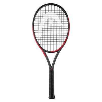 The HEAD IG Challenge MP Tennis Racket - Red, designed by HEAD, is displayed against a white background. This racket features a patterned string face and its frame is crafted with Graphite Composition to present a sleek design. Enhanced performance is achieved through the incorporation of Innegra™ technology, and it comes with a black grip handle.