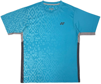 The Yonex YTM11 Mens Tennis T-Shirt - Blue Sea features geometric diamond patterns, grey side panels, short sleeves, a small black logo, and is made with quick-dry Air-Release fabric. Laid flat on a white background.