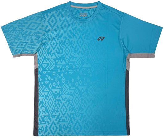 The Yonex YTM11 Mens Tennis T-Shirt - Blue Sea features geometric diamond patterns, grey side panels, short sleeves, a small black logo, and is made with quick-dry Air-Release fabric. Laid flat on a white background.