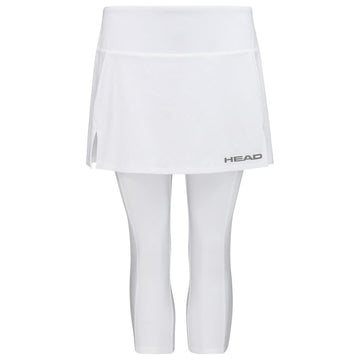 The HEAD Womens Club 3/4 Tights Tennis Skort - White includes a white skort with built-in capri leggings and a small side slit, enhanced with Moisture Transfer Microfibre Technology. The brand "HEAD" is displayed in gray on the lower front.