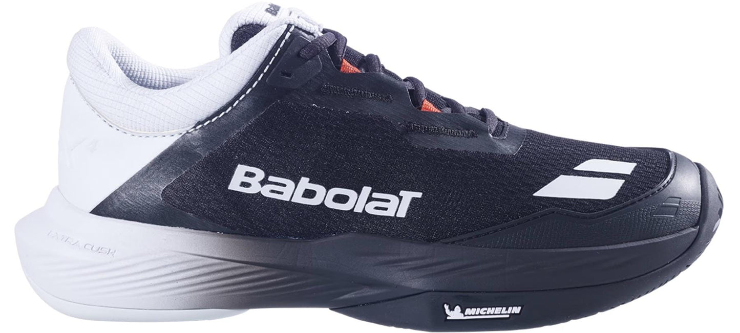 The Babolat SFX 4 All Court Men's Tennis Shoes in Black/Illusion Blue feature a low profile, Babolat logo on the side, and Michelin branding on the sole for enhanced comfort, shown here in a side view.