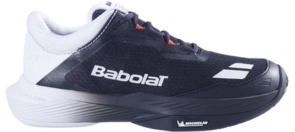 The Babolat SFX 4 All Court Men's Tennis Shoes in Black/Illusion Blue feature a low profile, Babolat logo on the side, and Michelin branding on the sole for enhanced comfort, shown here in a side view.