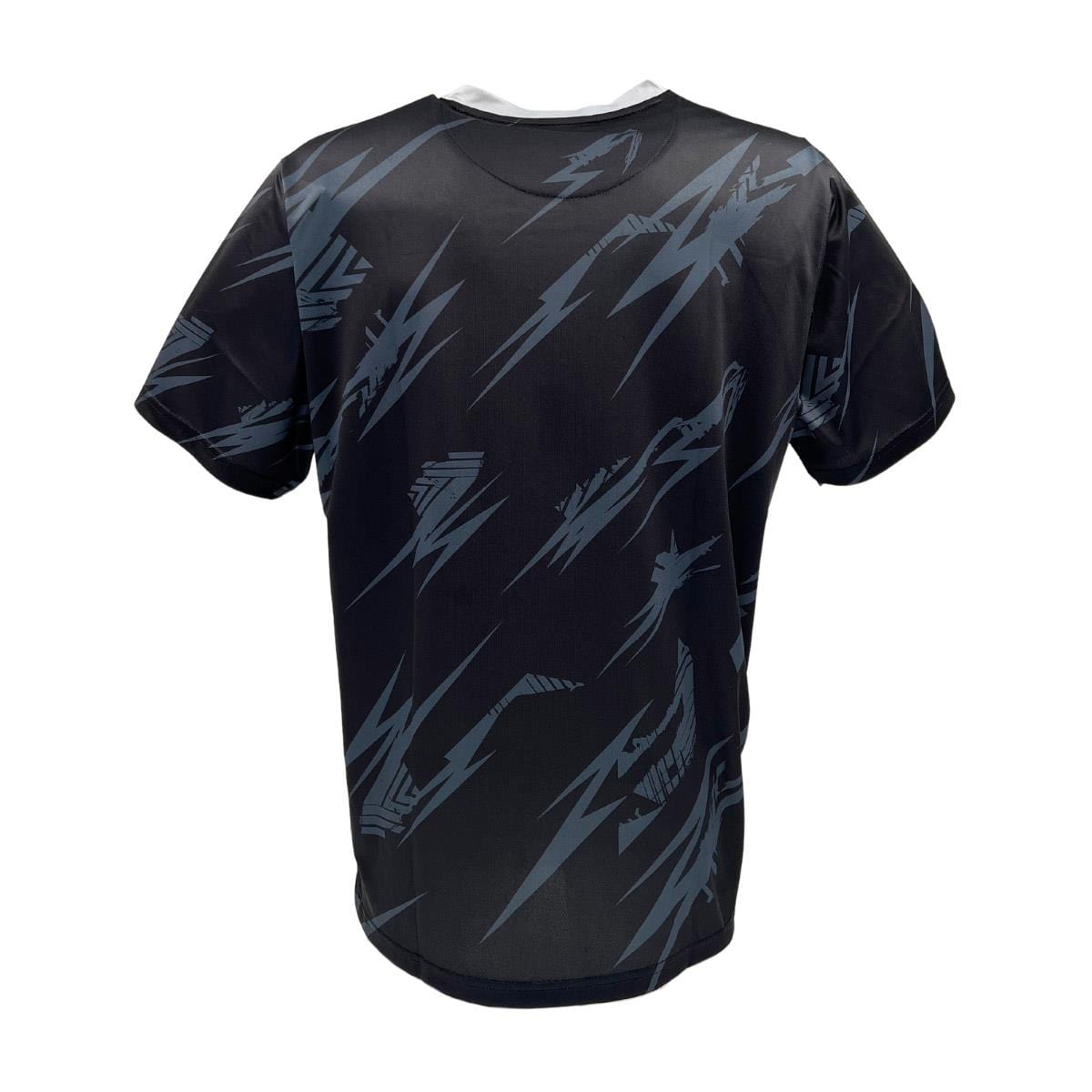 Presenting the Yonex YTM8 Men's Tennis T-Shirt in Black/Silver: crafted by Yonex, this short-sleeved, moisture-wicking polyester shirt flaunts a stylish pattern of grey lightning bolts across the back for ultimate comfort and flair on and off the court.