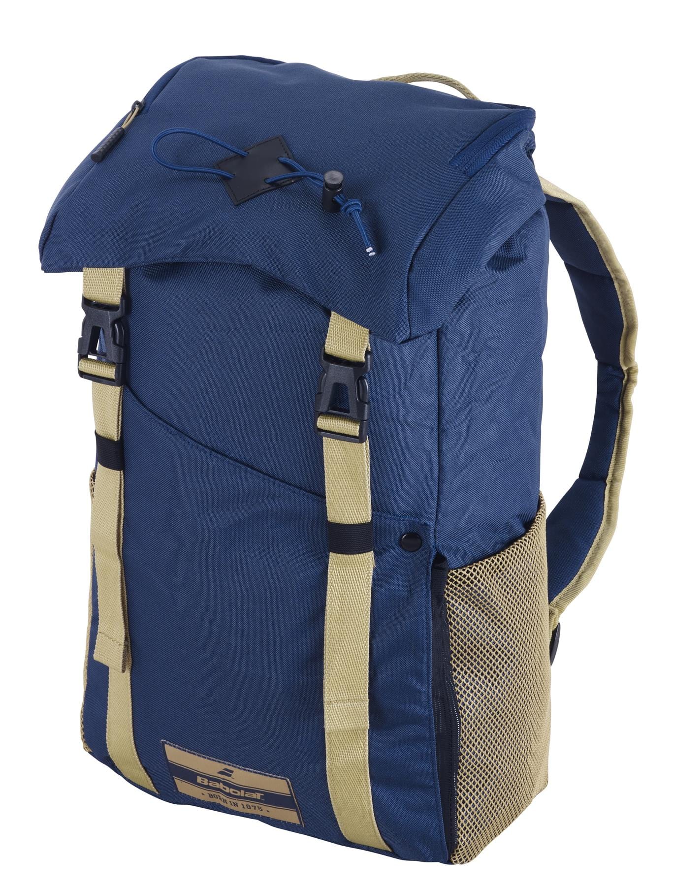 The Babolat Classic Backpack - Dark Blue offers adjustable shoulder straps, a top flap with black buckles, and side mesh pockets. Crafted from recycled PET, this backpack is equipped with a front logo patch and a zipper for extra storage space, making it ideal for transporting your tennis essentials.