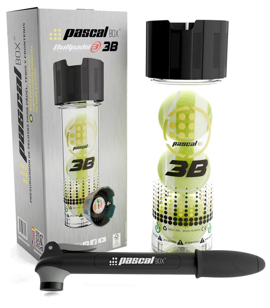 The Bullpadel Pascal Tennis Ball Pressuriser - 3 Ball Tube set includes a gray and black Bullpadel-branded pressuriser, a clear tube with three padel balls, and a stylish box displaying product images and details.